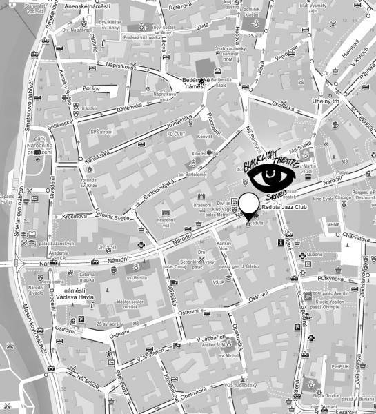 Mapa Prahy zobrazující lokalitu Černého divadla Jiřího Srnce