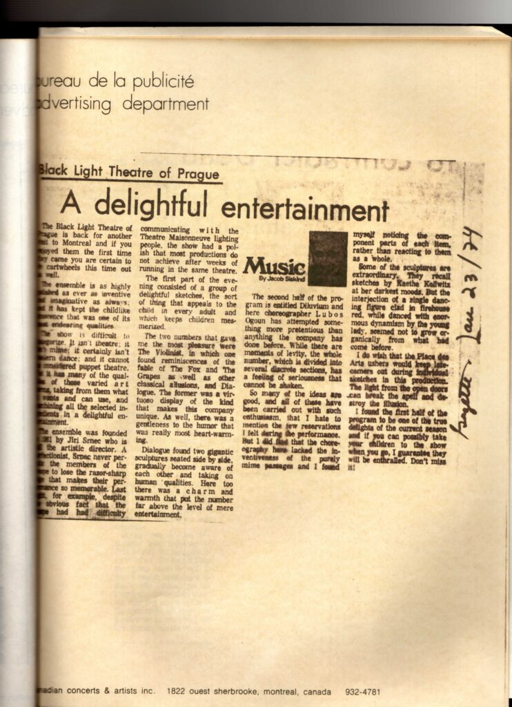 Archival press review of Black Light Theatre — A delightful entertainment